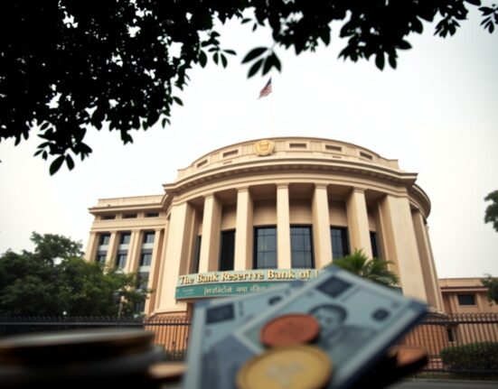 Reserve Bank of India headquarters in Mumbai on a cloudy day, representing currency policy decisions.