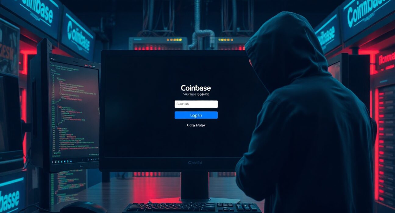 Fake Coinbase login page on a computer screen in a dimly lit room with a hooded figure in the background.