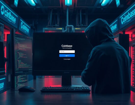 Fake Coinbase login page on a computer screen in a dimly lit room with a hooded figure in the background.
