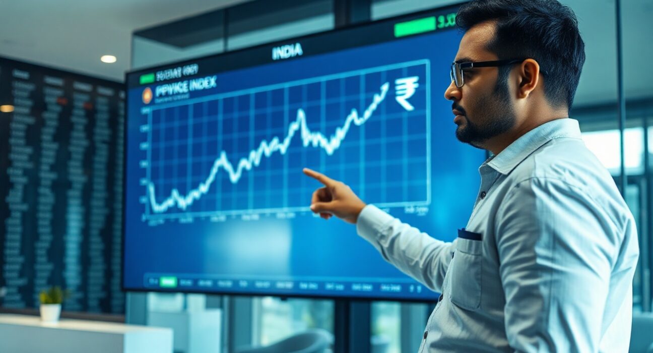 Financial analyst pointing at CPI inflation chart and USD/INR forex data on a digital screen in Mumbai