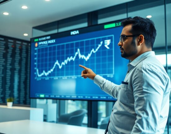 Financial analyst pointing at CPI inflation chart and USD/INR forex data on a digital screen in Mumbai
