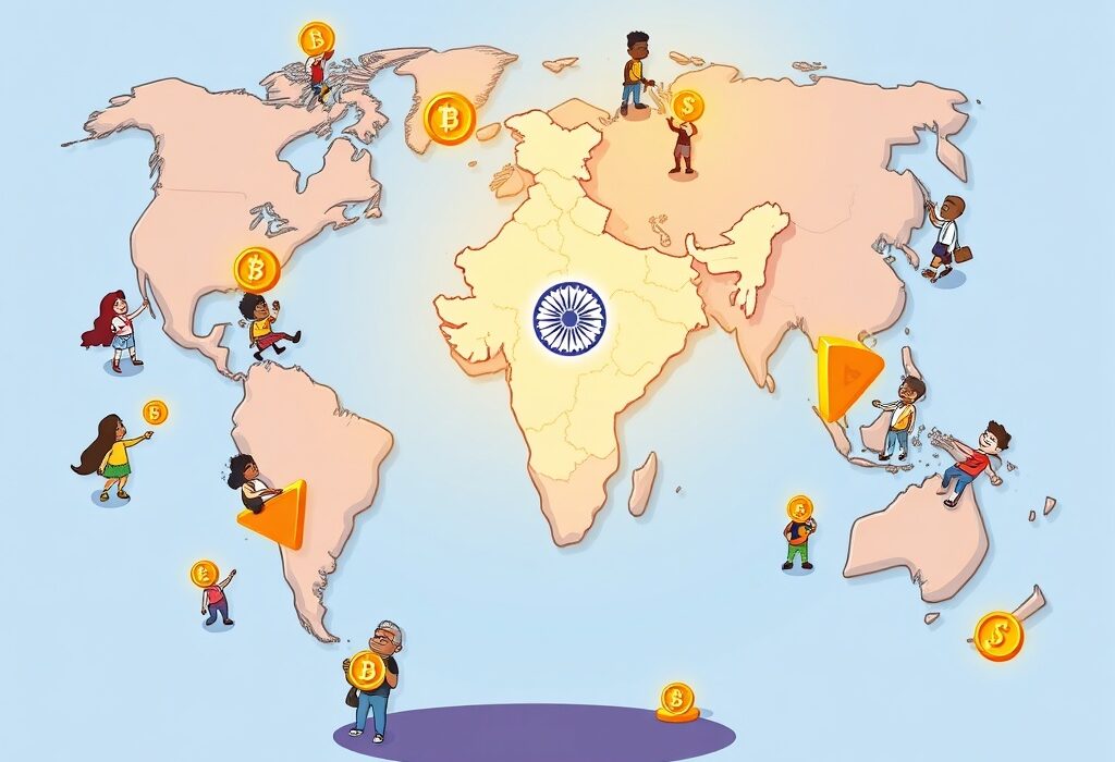 A cartoon map highlighting India's leading role in global India crypto adoption, symbolizing its continuous dominance.