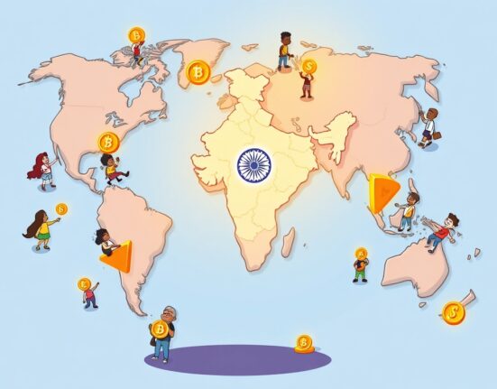 A cartoon map highlighting India's leading role in global India crypto adoption, symbolizing its continuous dominance.