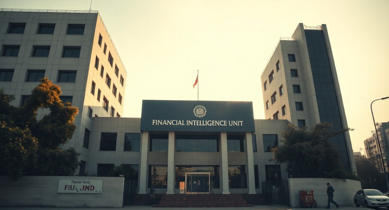 Exterior of the Financial Intelligence Unit India building in New Delhi, symbolizing heightened crypto trade oversight.