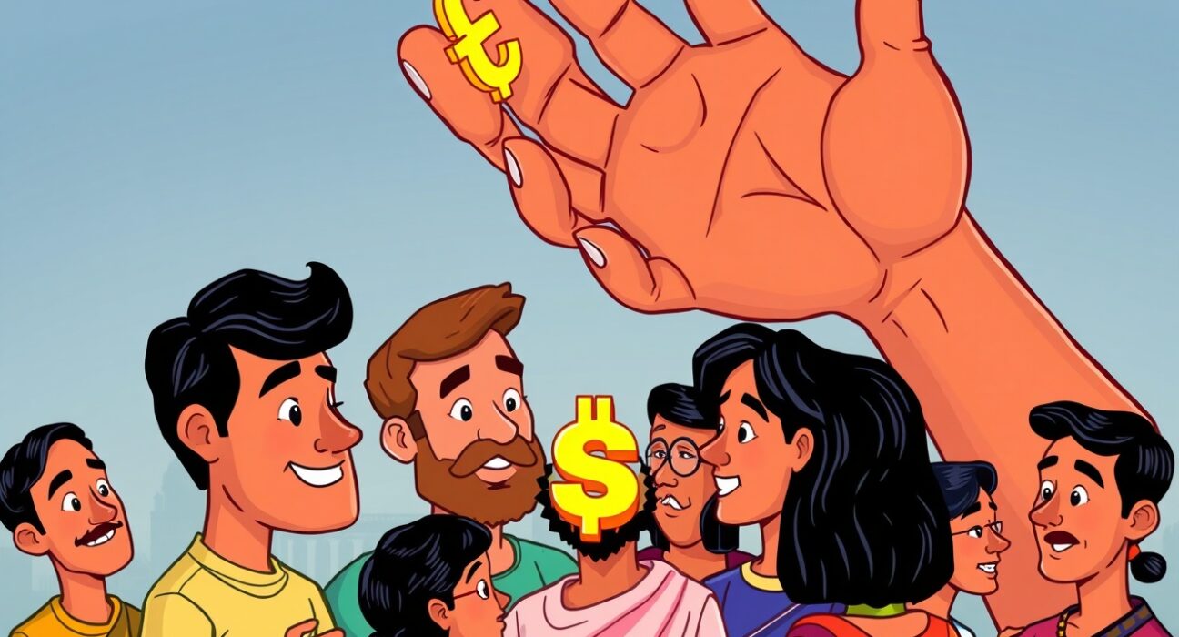 A cartoon depicting India's cautious and stable approach to crypto regulations, emphasizing the maintenance of existing frameworks.