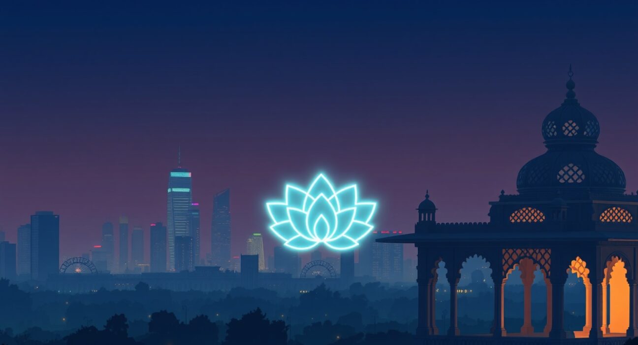 India's cryptocurrency tax policy decision visualized as a blend of traditional and digital elements.