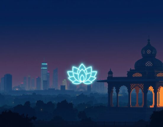 India's cryptocurrency tax policy decision visualized as a blend of traditional and digital elements.