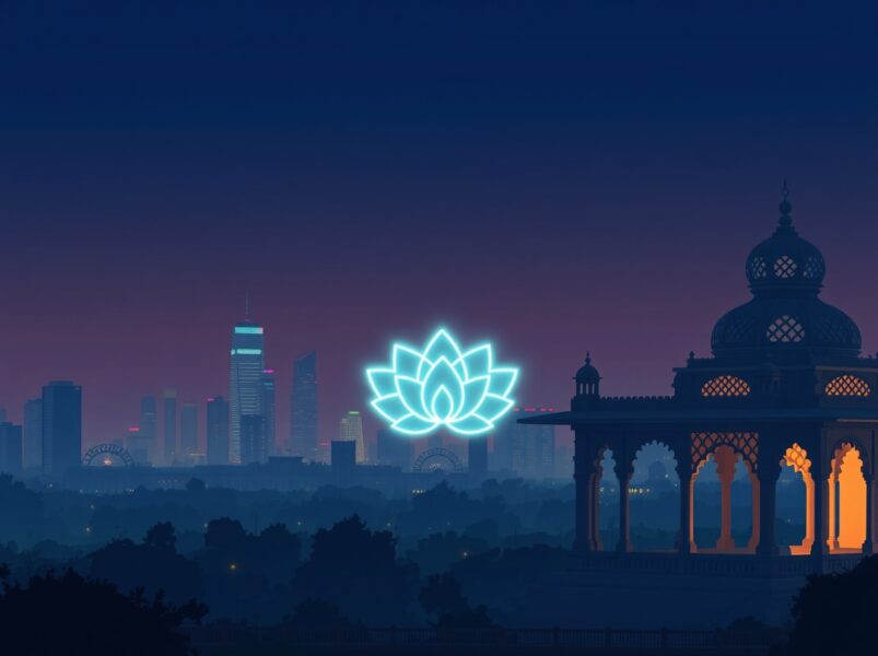 India's cryptocurrency tax policy decision visualized as a blend of traditional and digital elements.