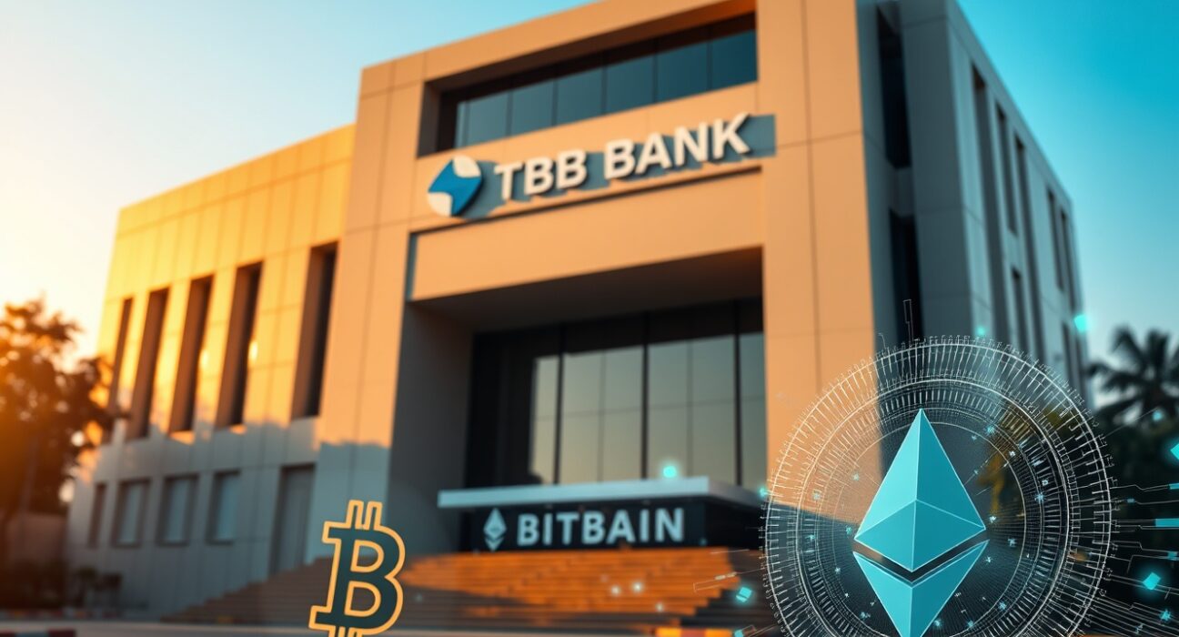 Modern bank building in New Delhi with digital cryptocurrency symbols overlay