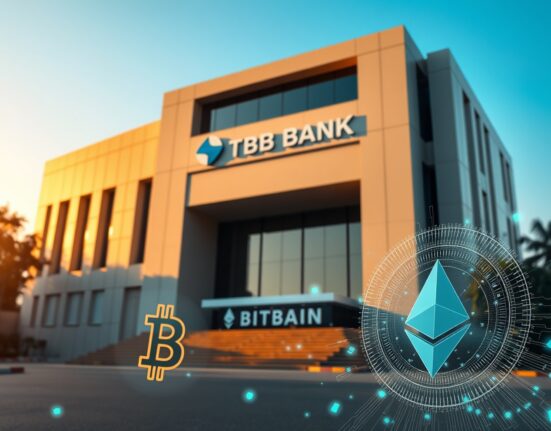 Modern bank building in New Delhi with digital cryptocurrency symbols overlay
