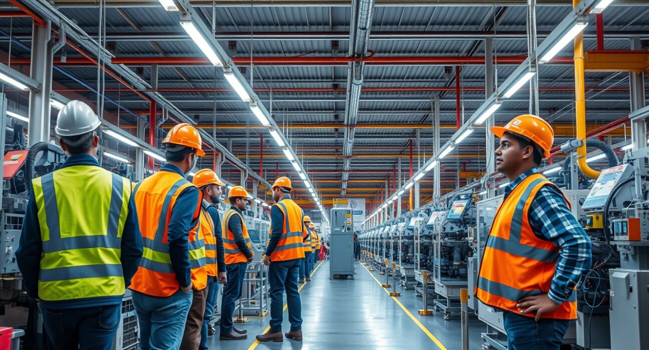 Workers on an industrial factory floor in India monitoring machinery