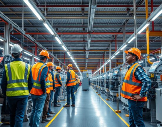 Workers on an industrial factory floor in India monitoring machinery