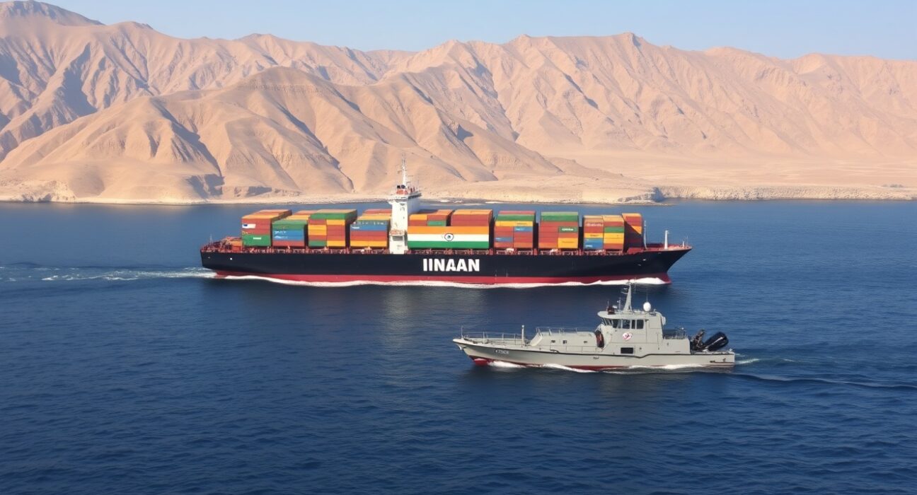 Indian ship transiting the Strait of Hormuz near Iranian coastline, representing the diplomatic denial of payment for safe passage.