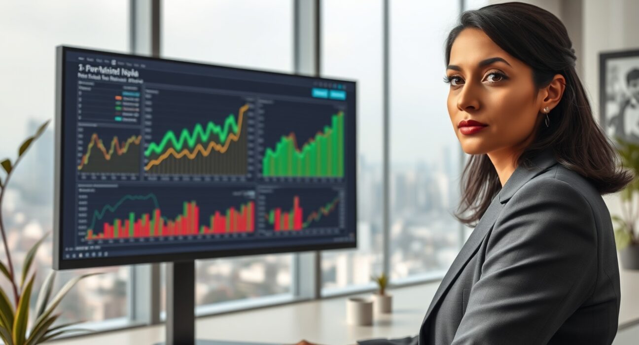 Financial analyst reviewing India economic data charts with Standard Chartered's cautious outlook on external risks