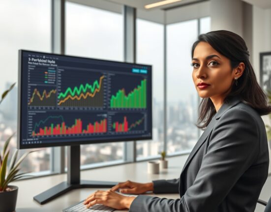 Financial analyst reviewing India economic data charts with Standard Chartered's cautious outlook on external risks