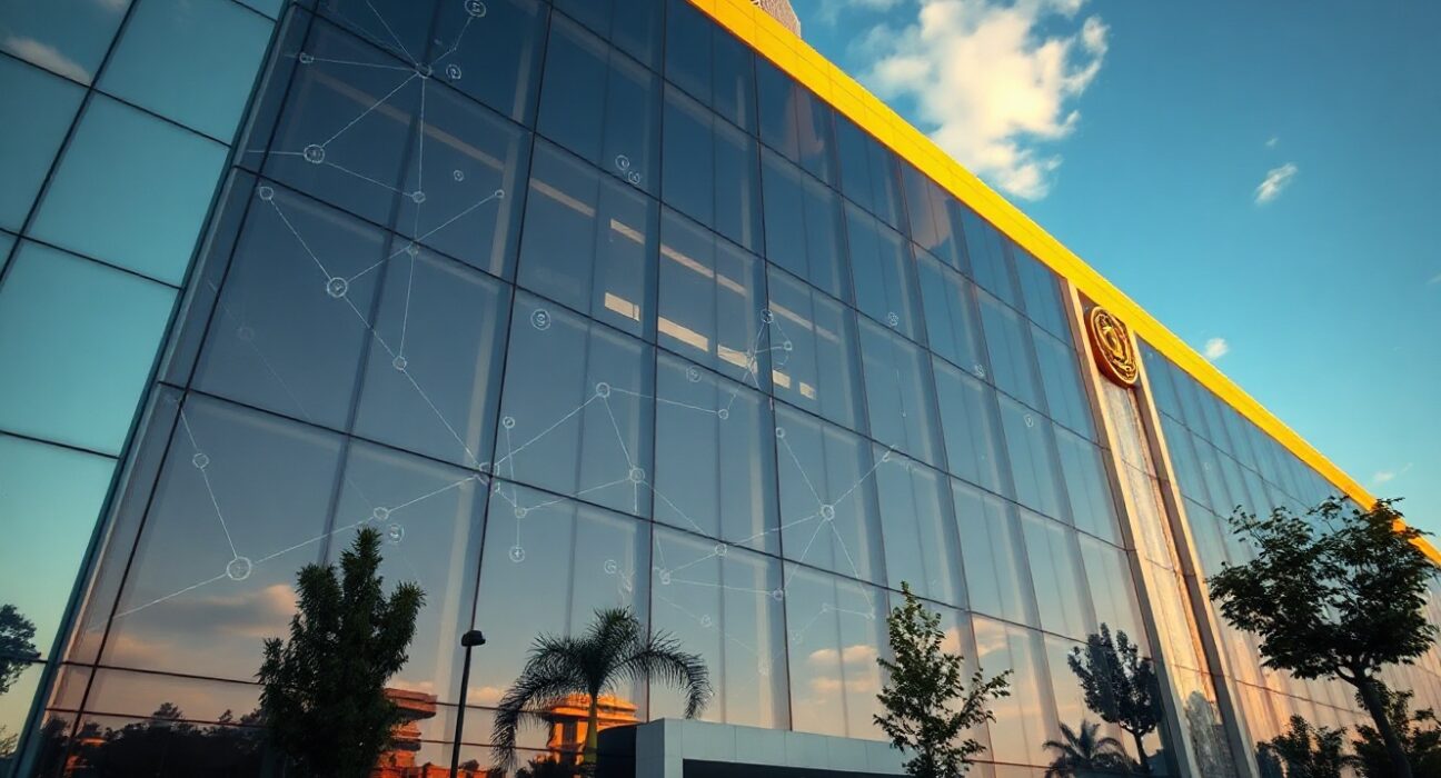 Exterior of a financial regulatory building in New Delhi, India, with subtle digital blockchain overlay