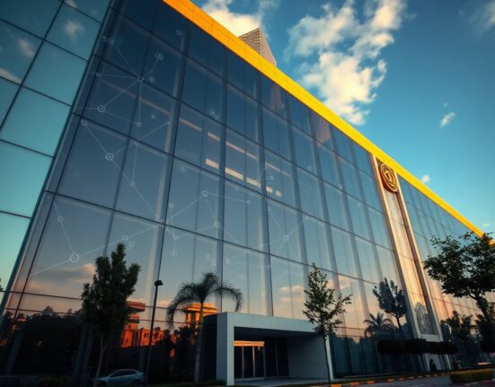Exterior of a financial regulatory building in New Delhi, India, with subtle digital blockchain overlay