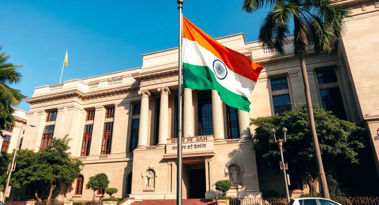 Reserve Bank of India headquarters in Mumbai with Indian flag flying