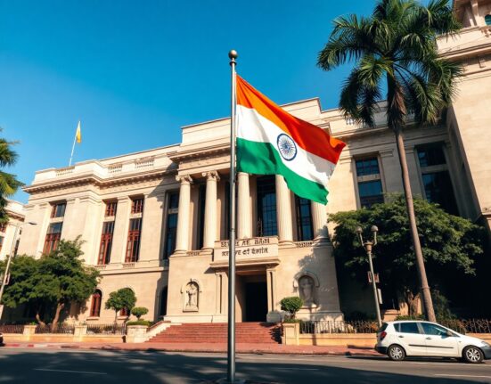 Reserve Bank of India headquarters in Mumbai with Indian flag flying