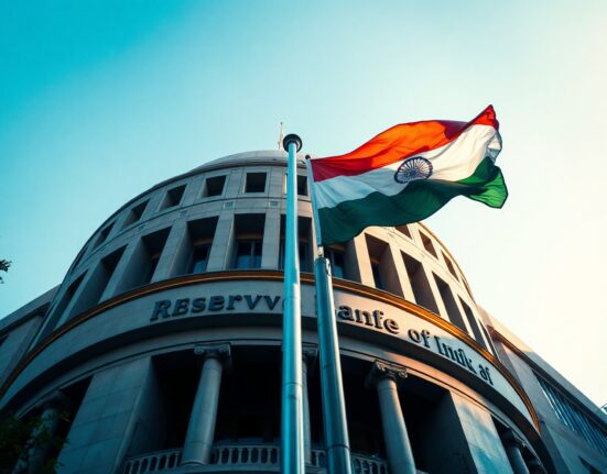 Reserve Bank of India headquarters with Indian flag, symbolizing forex reserves data