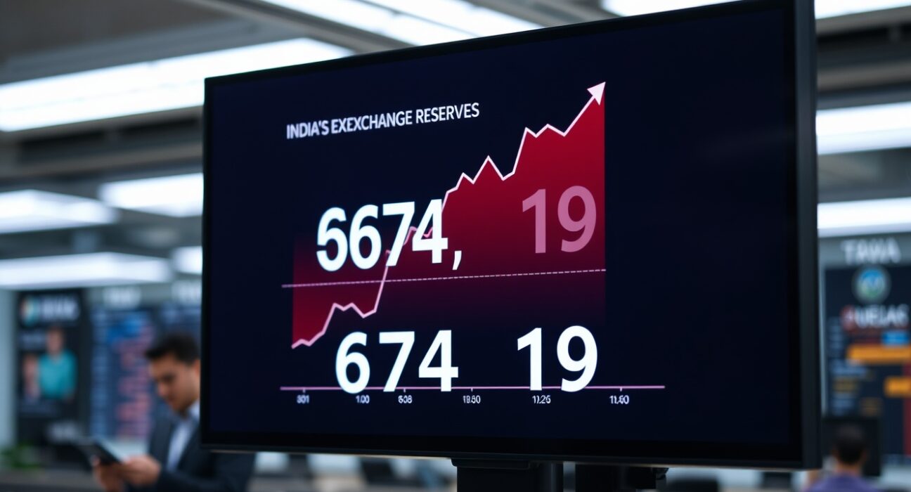 Financial screen showing India's foreign exchange reserves at $674.19 billion with a rising chart