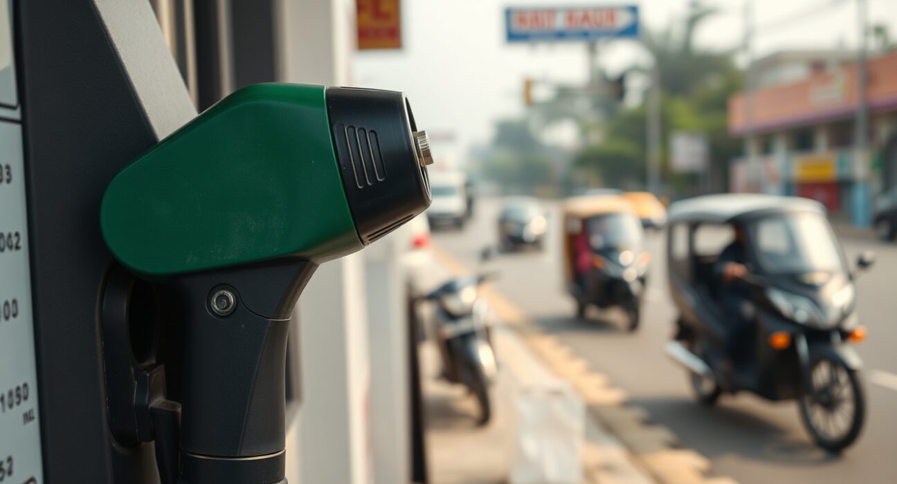 Fuel pump nozzle at an Indian petrol station with digital price display showing high rates, representing fuel price hike and inflation.