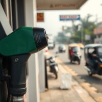 Fuel pump nozzle at an Indian petrol station with digital price display showing high rates, representing fuel price hike and inflation.