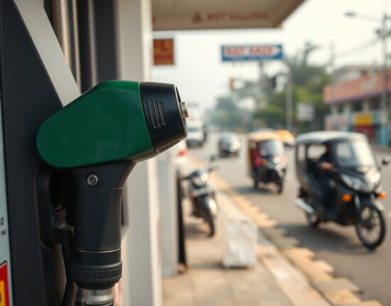 Fuel pump nozzle at an Indian petrol station with digital price display showing high rates, representing fuel price hike and inflation.