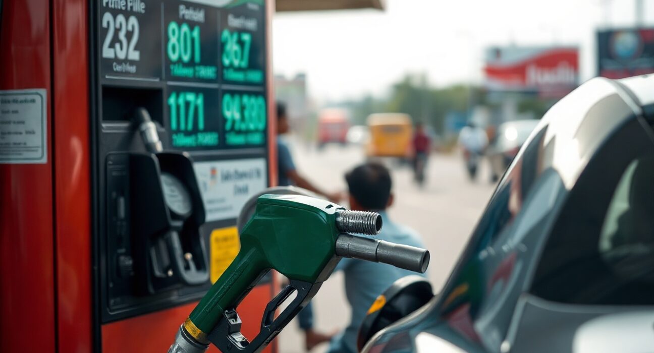 Fuel station in India with a car refueling, illustrating oil price pass-through delays.