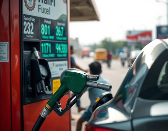 Fuel station in India with a car refueling, illustrating oil price pass-through delays.
