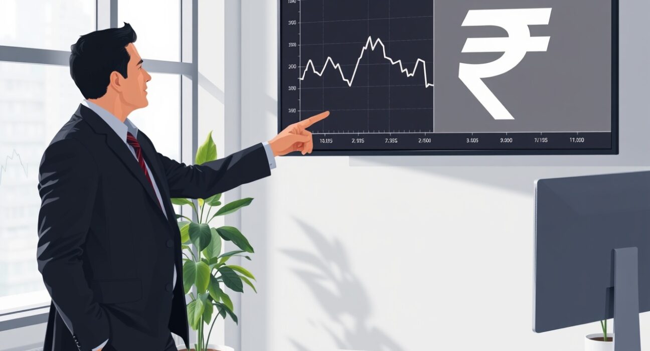 Analyst pointing to a screen showing a falling crude oil price chart and Indian rupee symbol.