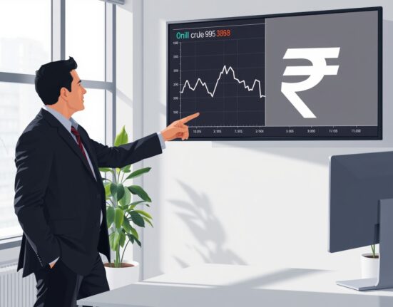 Analyst pointing to a screen showing a falling crude oil price chart and Indian rupee symbol.