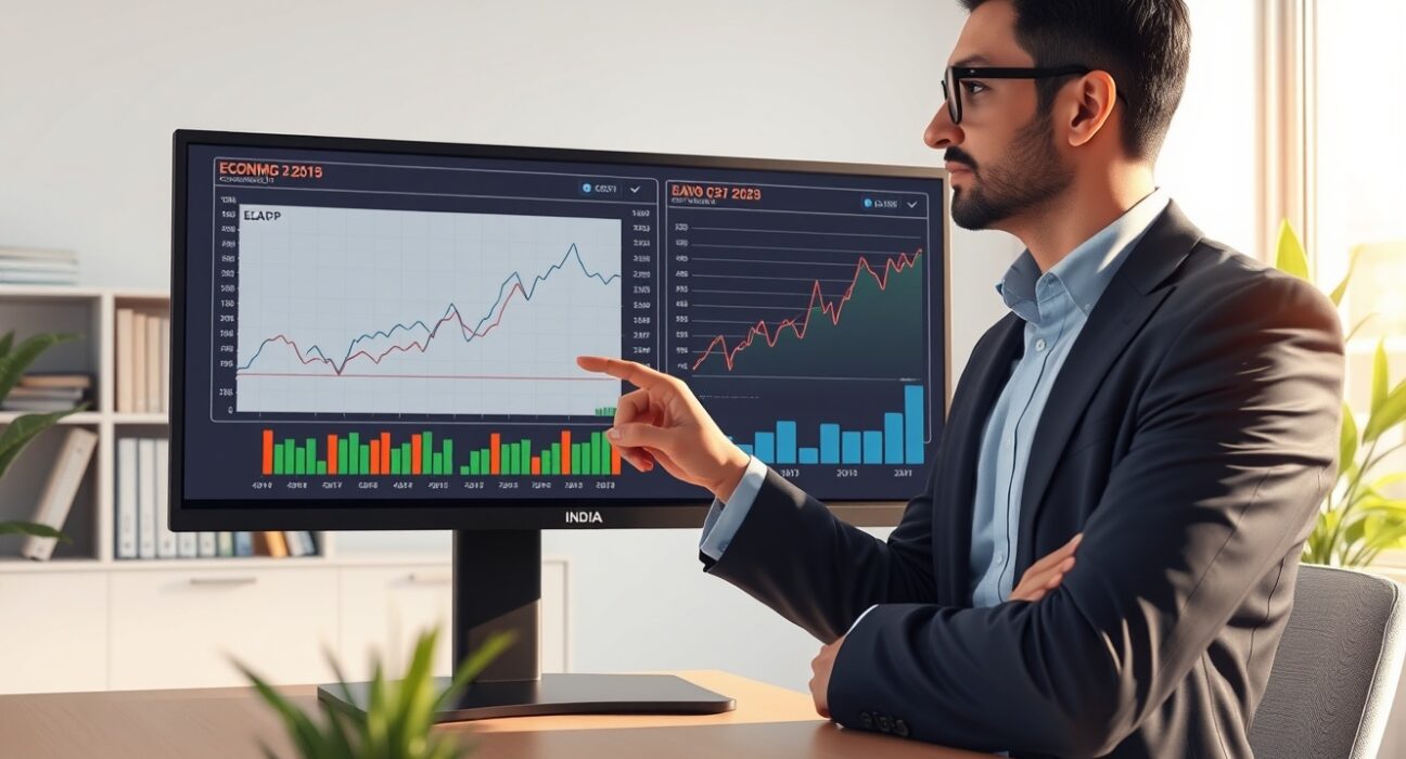 Economic analyst examining India GDP growth charts showing revised methodology impact