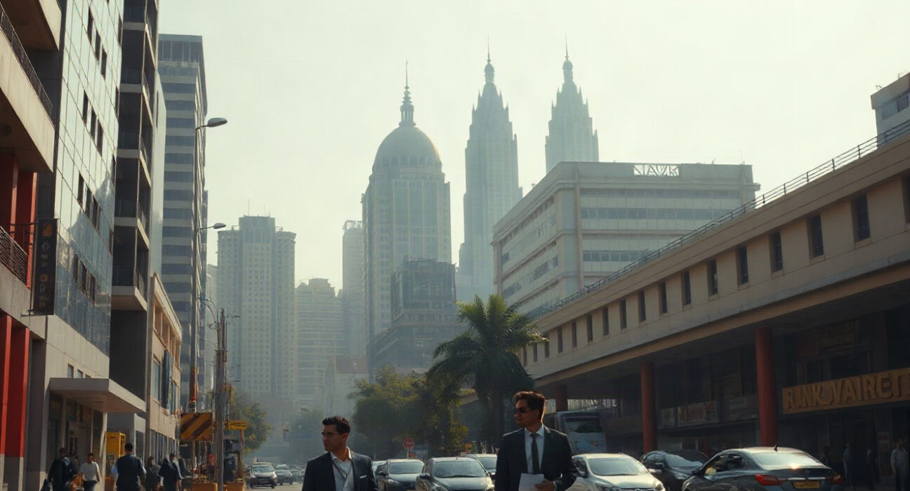 Mumbai financial district skyline with business professionals walking, symbolizing India's economic growth.