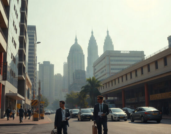 Mumbai financial district skyline with business professionals walking, symbolizing India's economic growth.