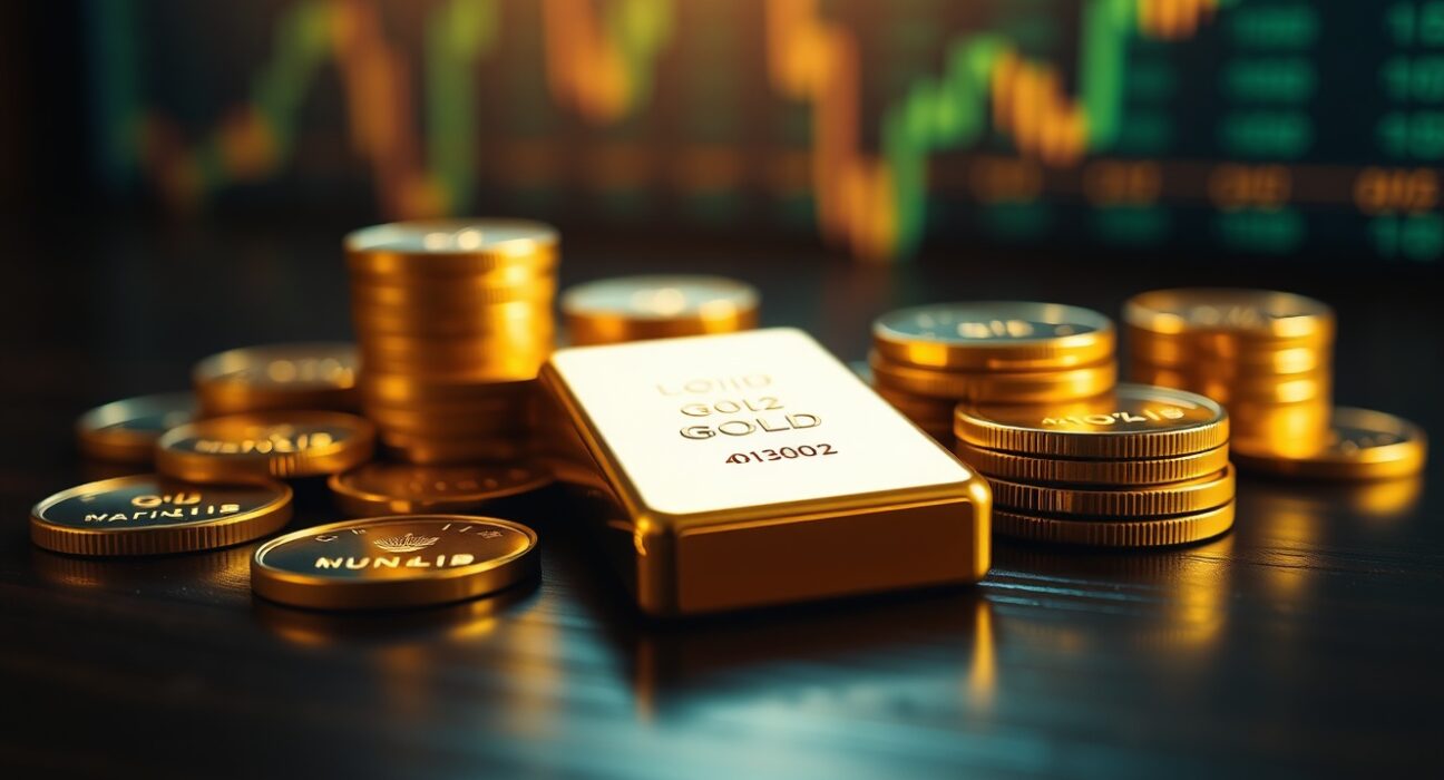Gold bars and coins on a wooden surface with a blurred financial chart background.