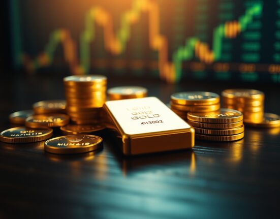 Gold bars and coins on a wooden surface with a blurred financial chart background.