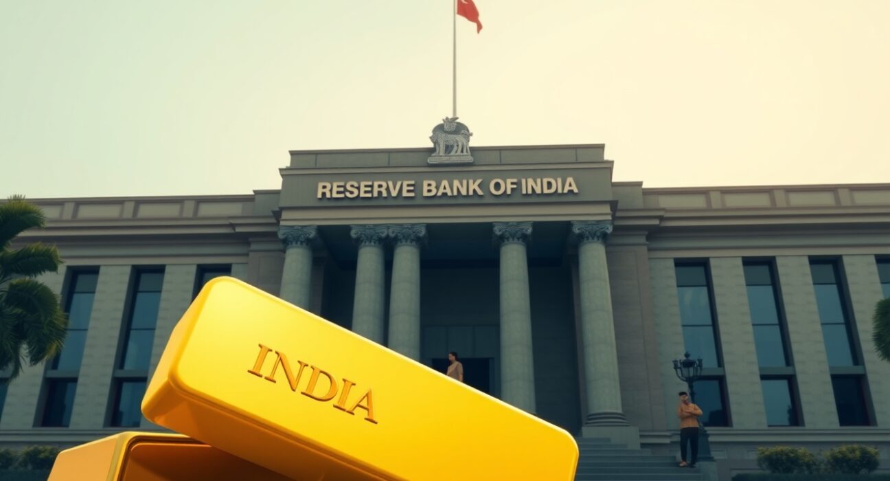 A gold bar with India engraving in front of the Reserve Bank of India building, symbolizing the rising gold share in forex reserves.