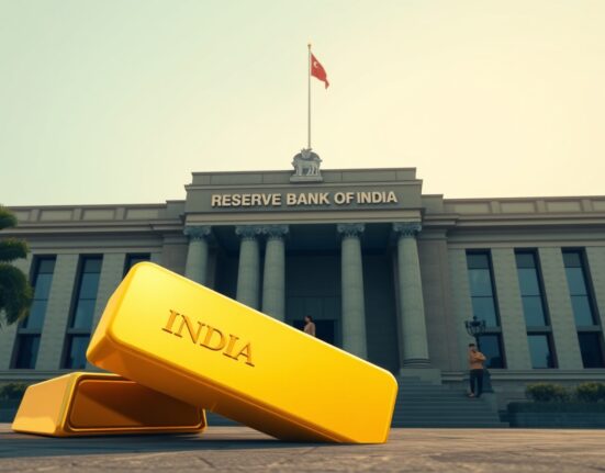 A gold bar with India engraving in front of the Reserve Bank of India building, symbolizing the rising gold share in forex reserves.