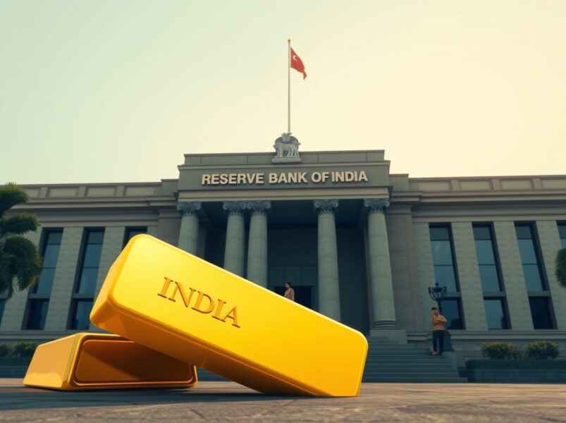 A gold bar with India engraving in front of the Reserve Bank of India building, symbolizing the rising gold share in forex reserves.