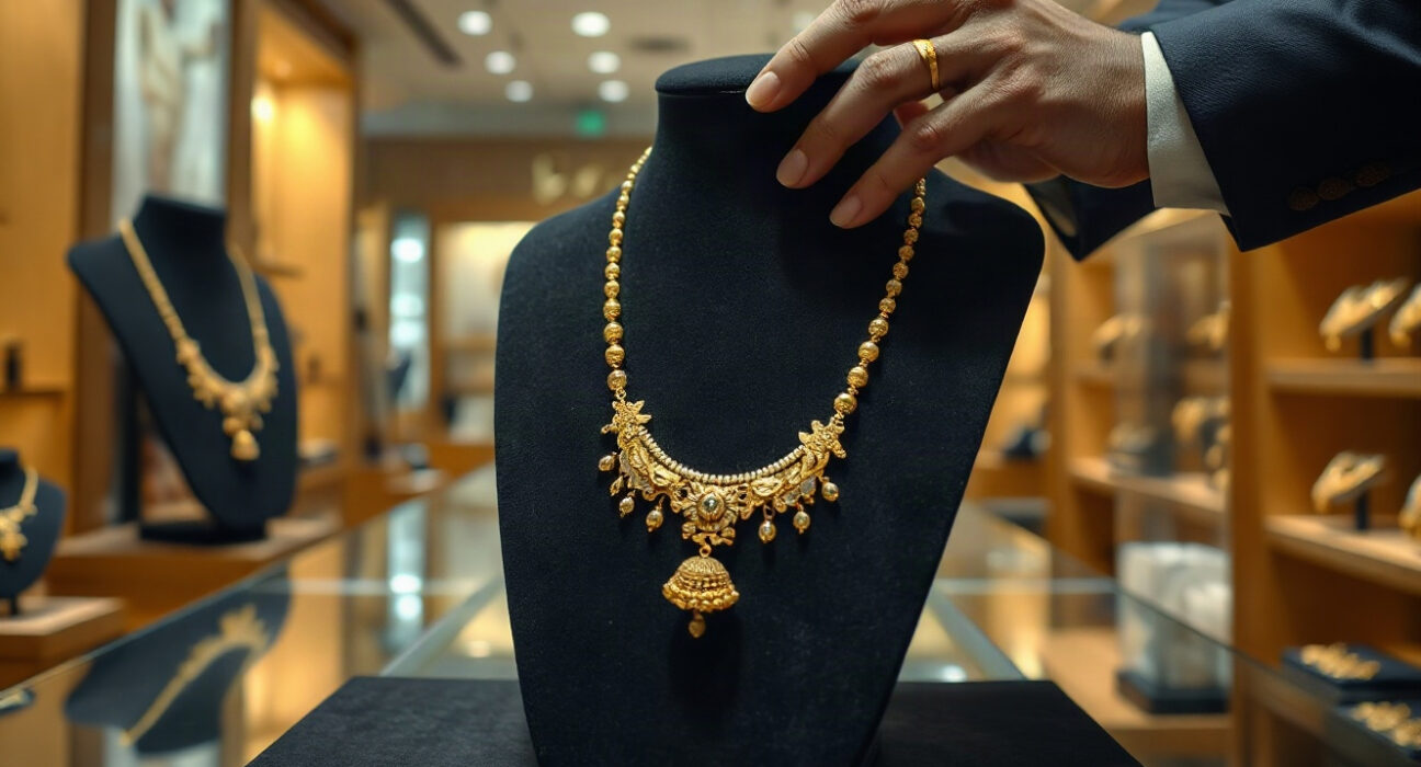 Gold jewelry on display in an Indian showroom, symbolizing the market recovery