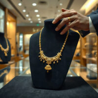 Gold jewelry on display in an Indian showroom, symbolizing the market recovery
