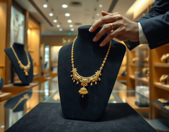 Gold jewelry on display in an Indian showroom, symbolizing the market recovery