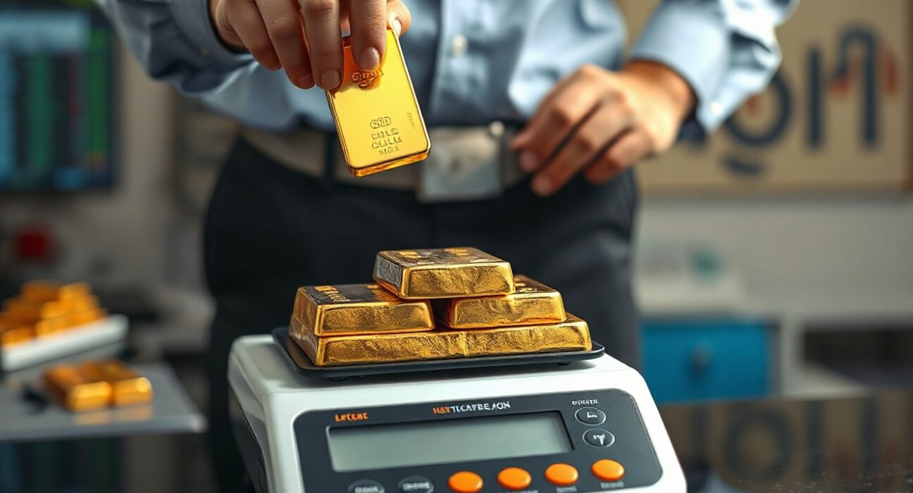 Gold bars on a digital scale in a modern trading room