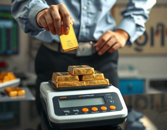 Gold bars on a digital scale in a modern trading room