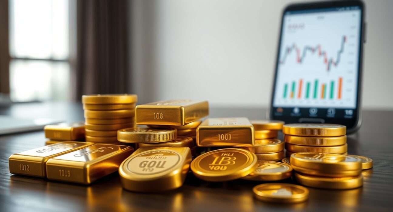 Gold bars and coins with a smartphone displaying a price chart in the background