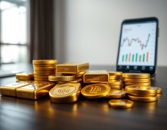 Gold bars and coins with a smartphone displaying a price chart in the background