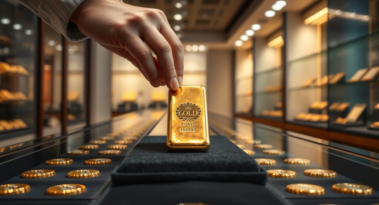 A close-up of a polished gold bar on a dark velvet surface in a jewelry store.