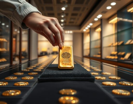 A close-up of a polished gold bar on a dark velvet surface in a jewelry store.