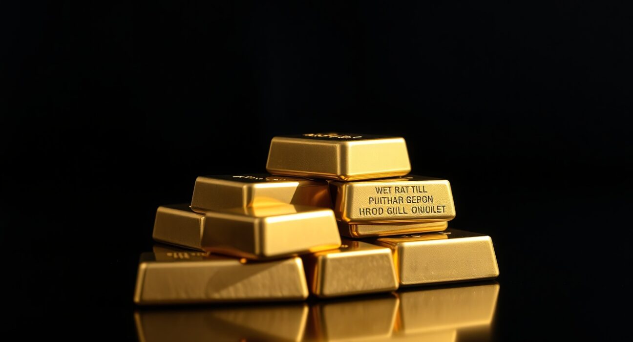 Stack of polished gold bars on a dark reflective surface, representing rising gold prices in India.